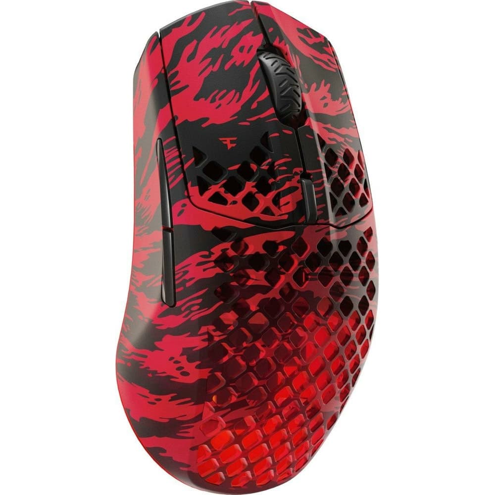 Мишка SteelSeries Aerox 3 Wireless FaZe Clan Edition, оптична (18000dpi), безжична, USB, Bluetooth, червена, RGB подсветка, SteelSeries TrueMove Air оптичен сензор, 6 програмируеми бутона