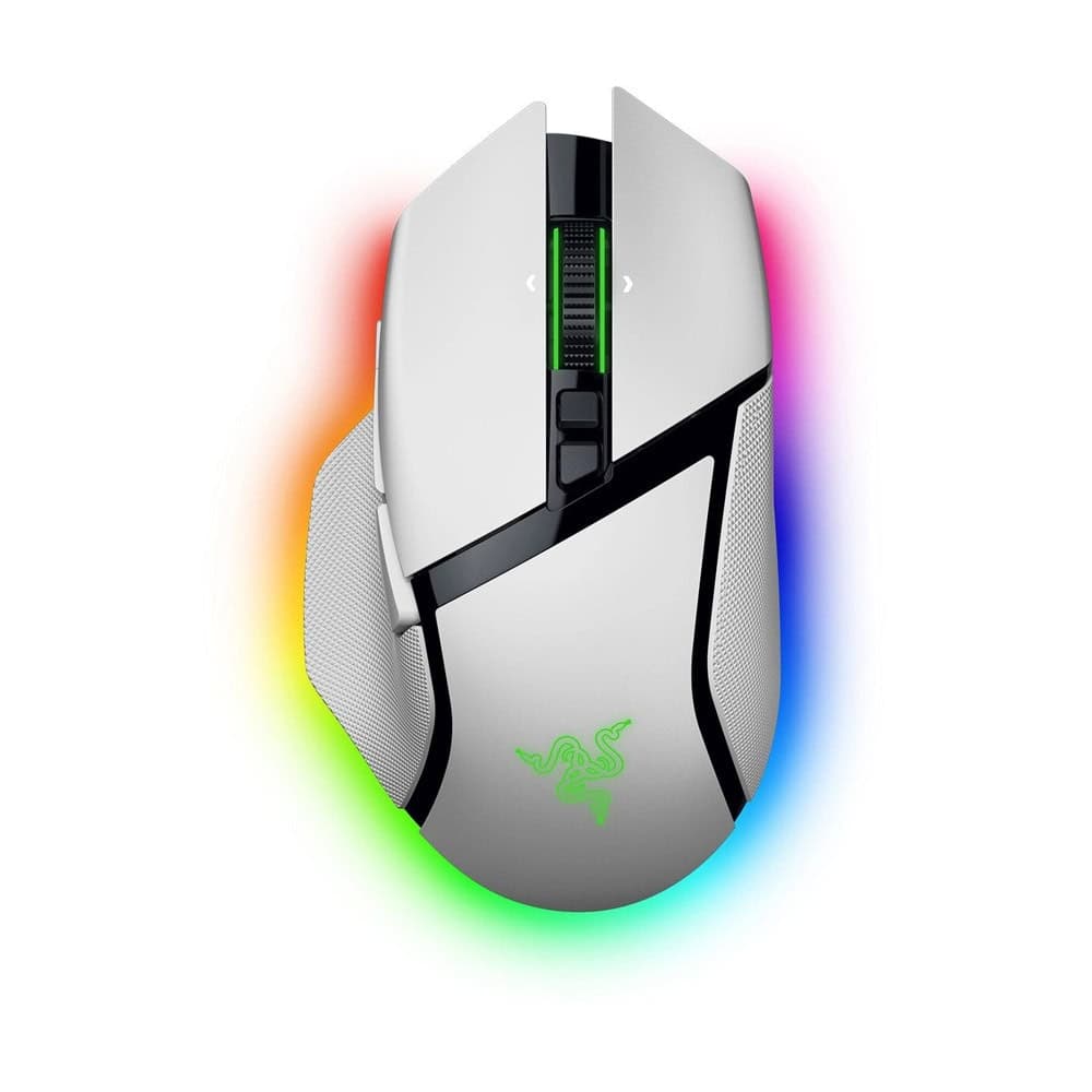 Мишка Razer Basilisk V3 Pro 35K, оптична (35 000 dpi), жична/безжична, Bluetooth, USB, бяла, гейминг, 11 програмируеми бутона, Razer Chroma RGB подсветка
