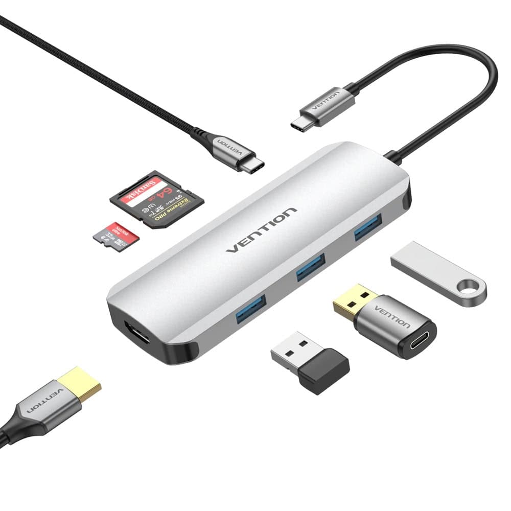 Докинг станция Vention TOJHB, от USB-C към 1x USB-C, 3x USB-A, 1x HDMI, 1x SD четец, 1x MicroSD четец, сива