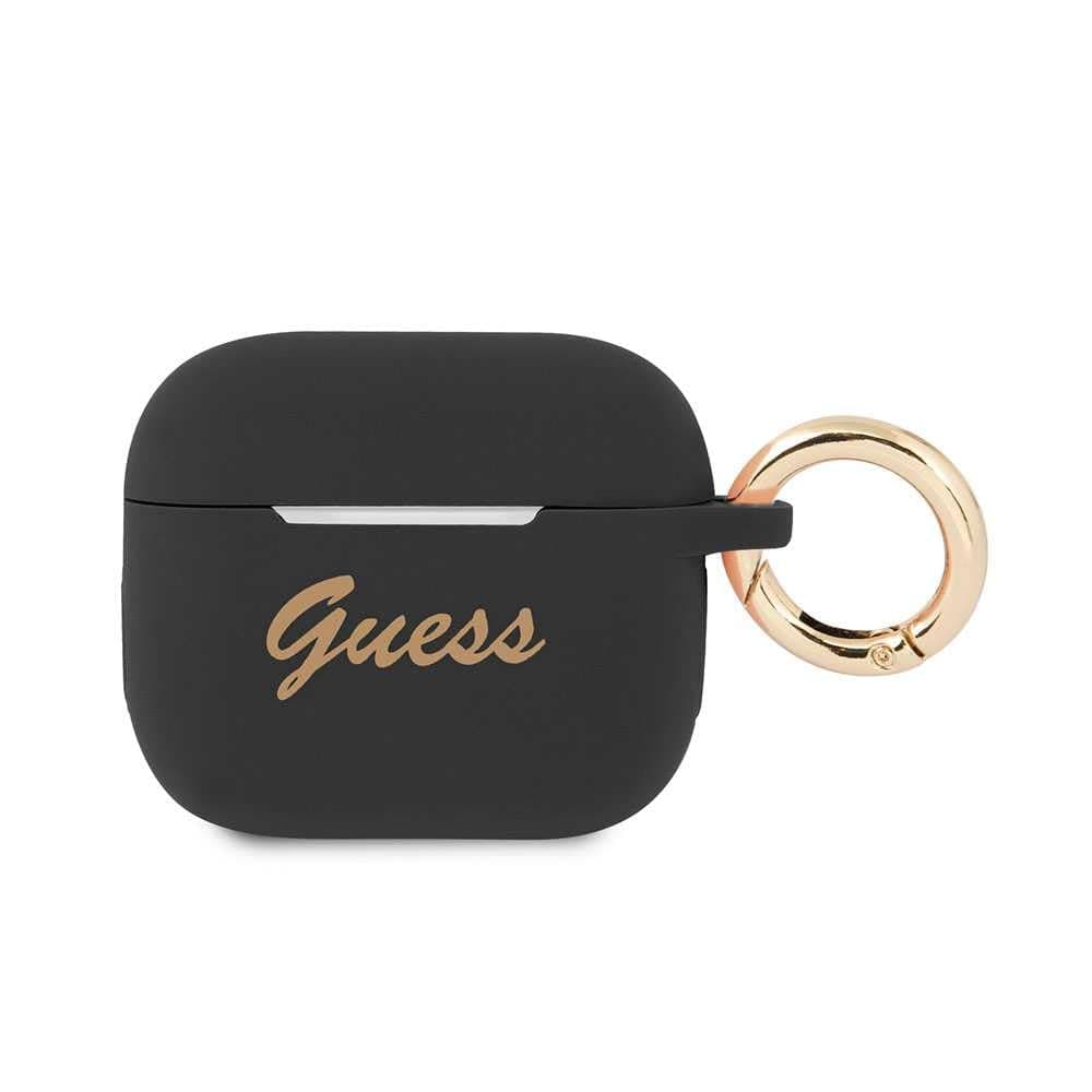 Защитен калъф Guess AirPods 3 Silicone Vintage Script Case, за Apple Airpods 3, силиконов, с карабинер, черен