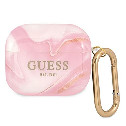 Защитен калъф Guess AirPods 3 Shiny Marble Silicone Case, за Apple Airpods 3, силиконов с карабинер, розов