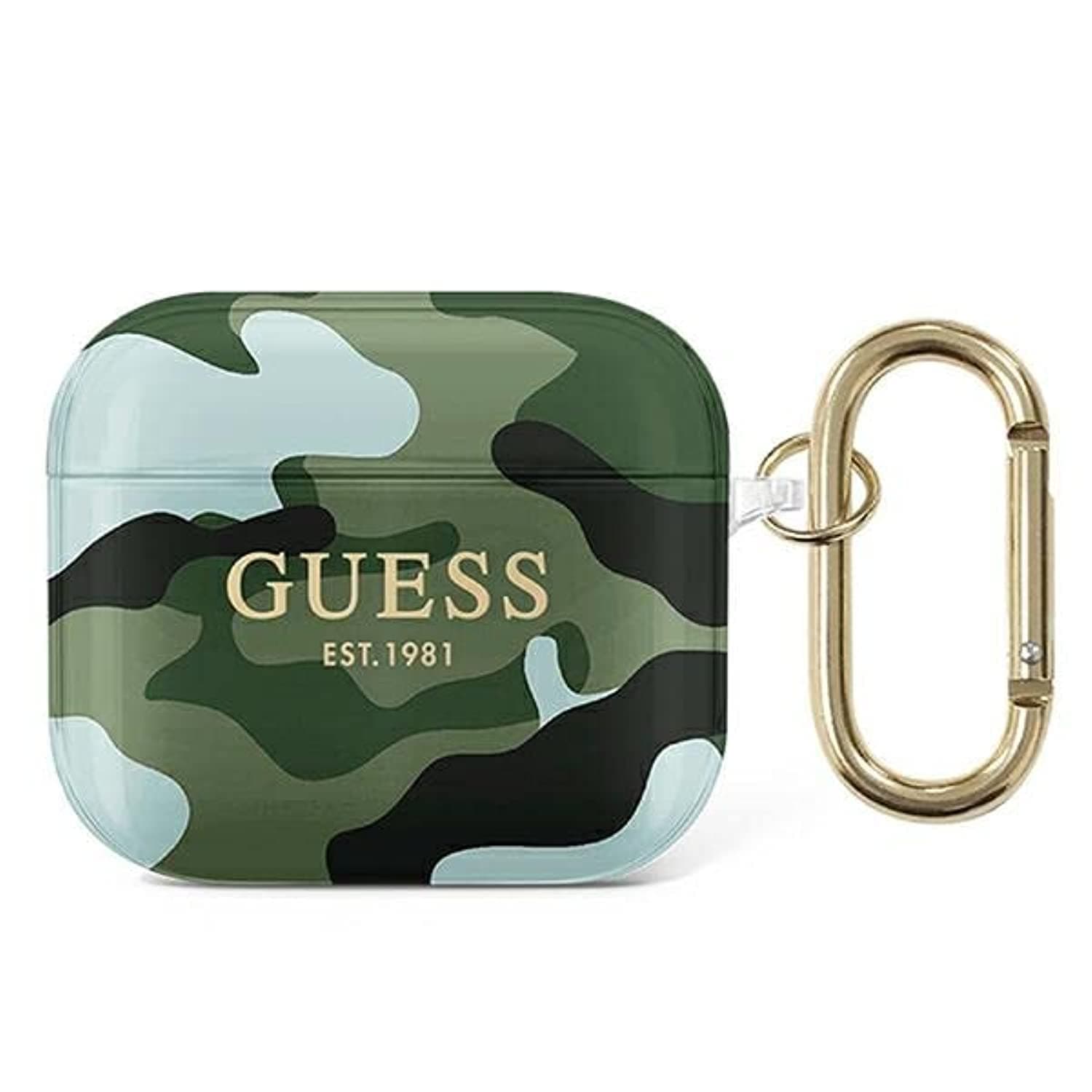 Защитен калъф Guess Airpods 3 Silicone Case Camo Collection, за Apple Airpods 3, силиконов, с карабинер, бял камуфлаж