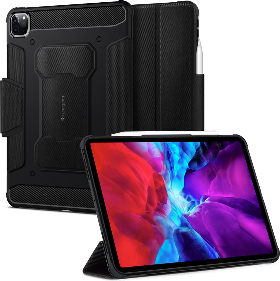 Хибриден удароустойчив кейс с поставка за iPad Pro 11 M2 (2022), iPad Pro 11 M1 (2021), iPad Pro 11 (2020), iPad Pro 11 (2018) - Spigen Rugged Armor Pro Case (черен)