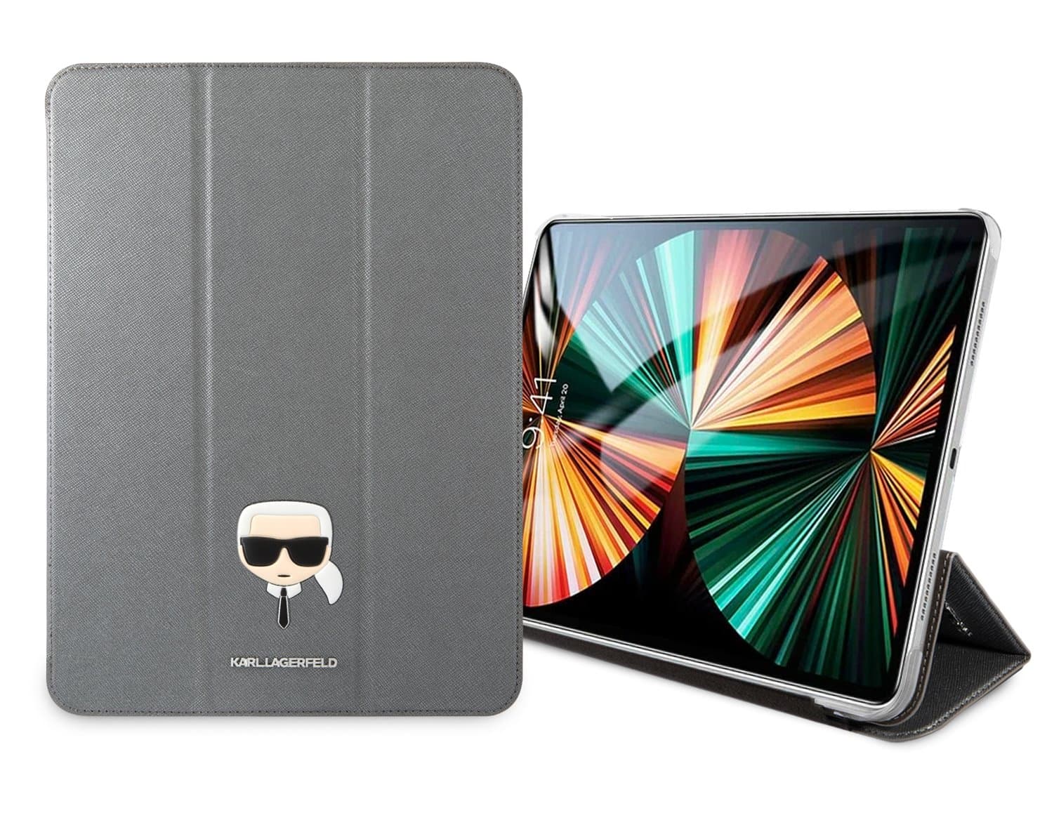 Дизайнерски кожен кейс с поставка за iPad Pro 11 M1 (2021), iPad Pro 11 (2020), iPad Pro 11 (2018) - Karl Lagerfeld Saffiano Karl Head Folio Case (сребрист)