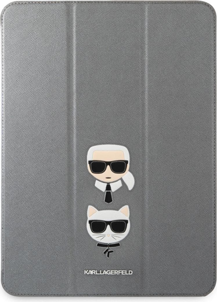 Дизайнерски кожен кейс с поставка за iPad Pro 11 M1 (2021), iPad Pro 11 (2020), iPad Pro 11 (2018) - Karl Lagerfeld Saffiano Karl & Choupette Heads Folio Case (сребрист)