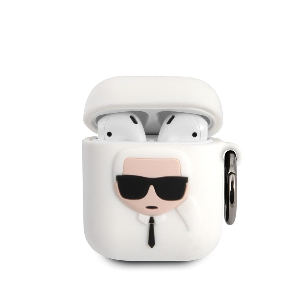 Защитен калъф за Apple Karl Lagerfeld Airpods Ikonik Silicone Case, за Apple Airpods/Apple Airpods 2, силиконов, с карабинер, бял