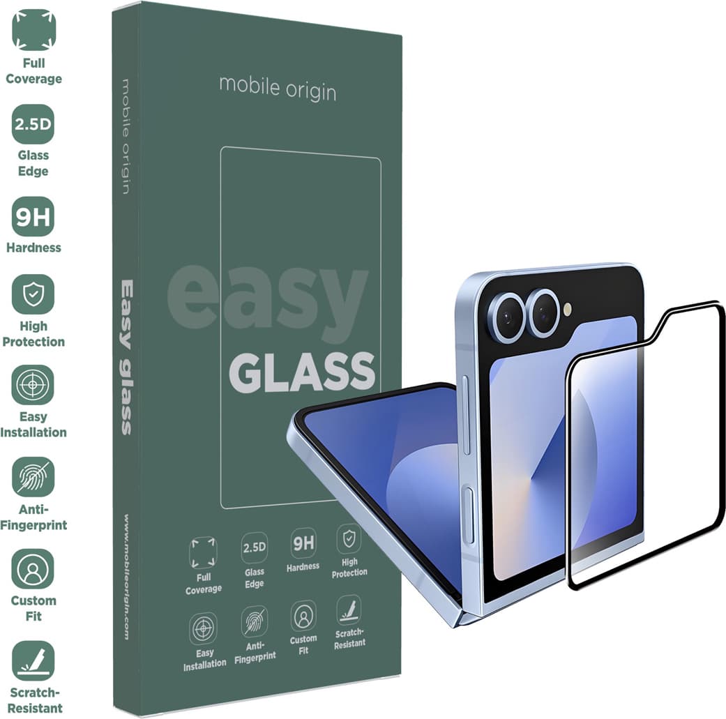Стъклено защитно покритие за външния дисплей на Samsung Galaxy Z Flip6 - Mobile Origin EasyGlass Full Cover Tempered Glass (черен-прозрачен)