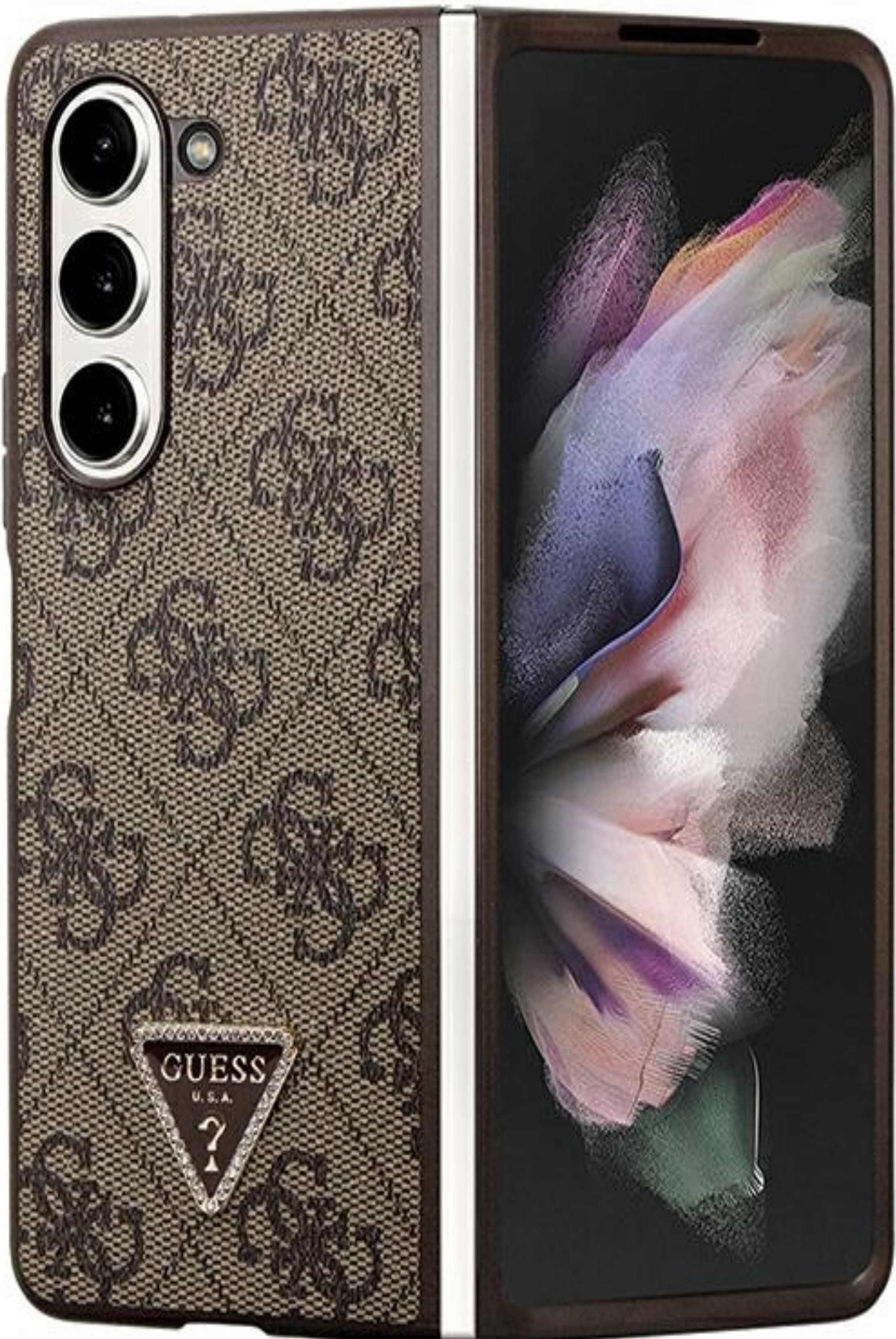 Дизайнерски кожен кейс за Samsung Galaxy Z Fold5 - Guess 4G Triangle PU Leather Hard Case (кафяв)