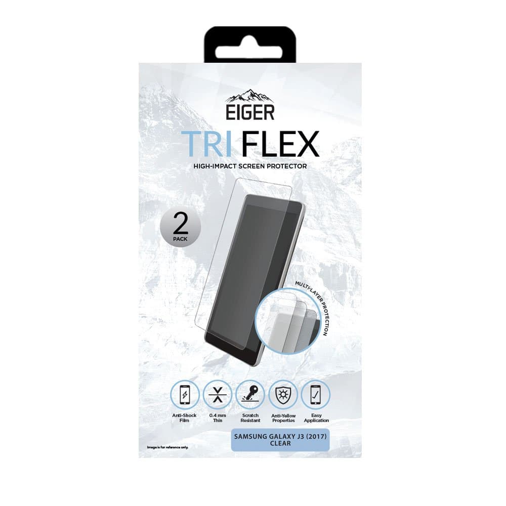 Качествено защитно покритие за дисплея на Samsung Galaxy J3 (2017) - Eiger Tri Flex High Impact Film Screen Protector (два броя)