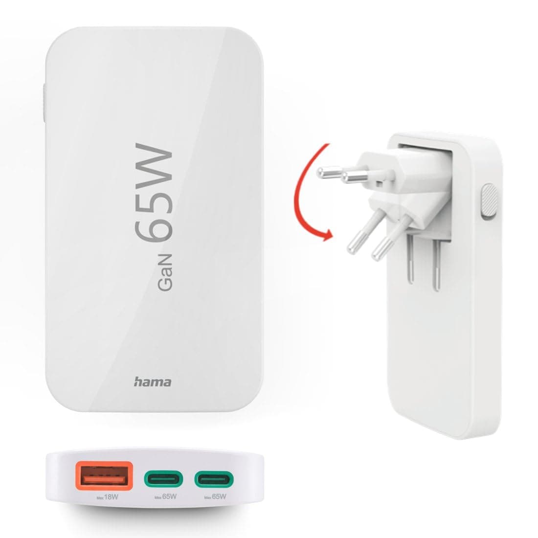 HAMA Бързо мини зарядно, 65W, 2x USB-C, 1x USB-A, PD, плоско, бяло