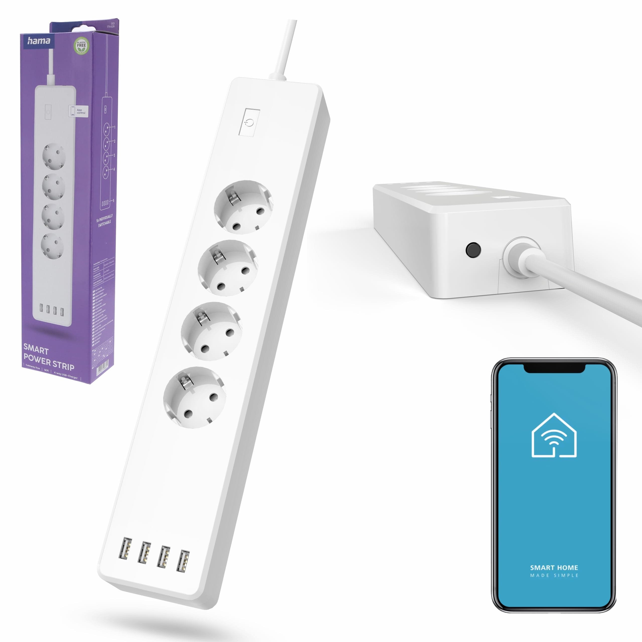 HAMA Смарт разклонител Wi-Fi 2.4Ghz, 4 гнезда, 4xUSB, 1.7 m, бял