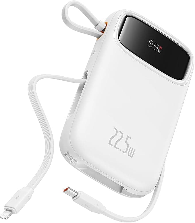 Външна батерия с вграден USB-C и Lightning кабел и USB-C, USB-А портове - Baseus Qpow2 Digital Display Power Bank With USB-C and Lightning cable 22.5W 20000 mAh (бял)