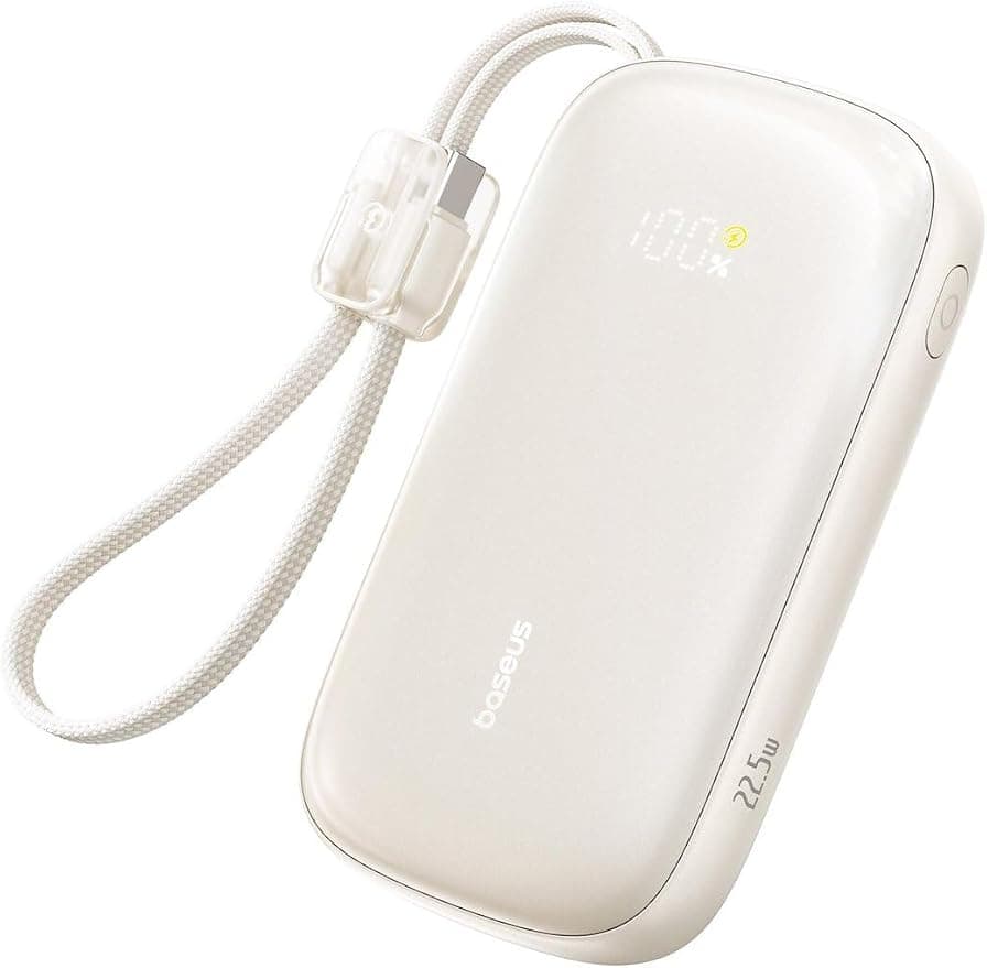 Външна батерия с вграден USB-C и Lightning кабел и USB-C, USB-А портове - Baseus Qpow3 Ultra EnerFill Power Bank With USB-C And Lightning Cable 22.5W 20000mAh (бежов)