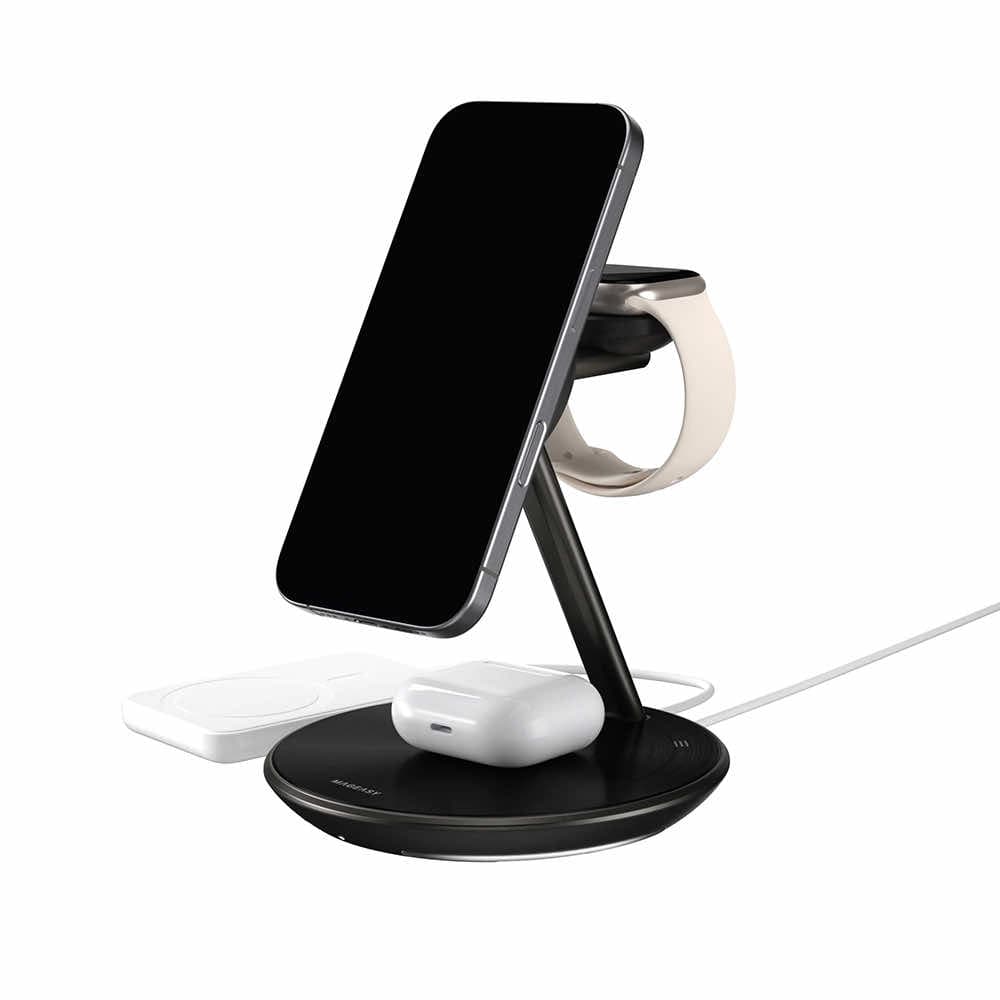 Четворна поставка (пад) за безжично зареждане за iPhone с Magsafe, Apple Watch, AirPods, Qi съвместими устройства - MagEasy PowerStation 5-in-1 Magnetic Wireless Charging Stand Qi2 15W (черен)