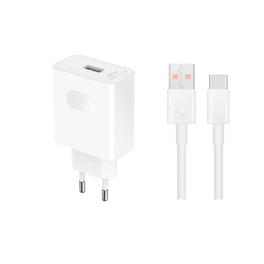 Захранване за ел. мрежа с USB-A порт с технология за бързо зареждане и USB-C кабел - Honor SuperCharge Wall Charger 66W With USB-C Cable (бял)