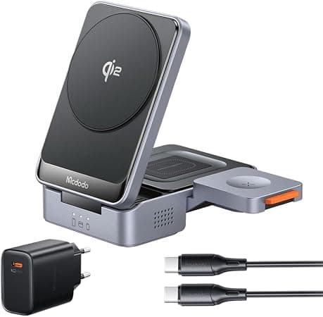 Сгъваема тройна поставка (пад) за безжично зареждане за iPhone с Magsafe, Apple Watch, AirPods, Qi съвместими устройства - Mcdodo Foldable 3-in-1 Magnetic Wireless Charging Station Qi2 22.5W (тъмносив)