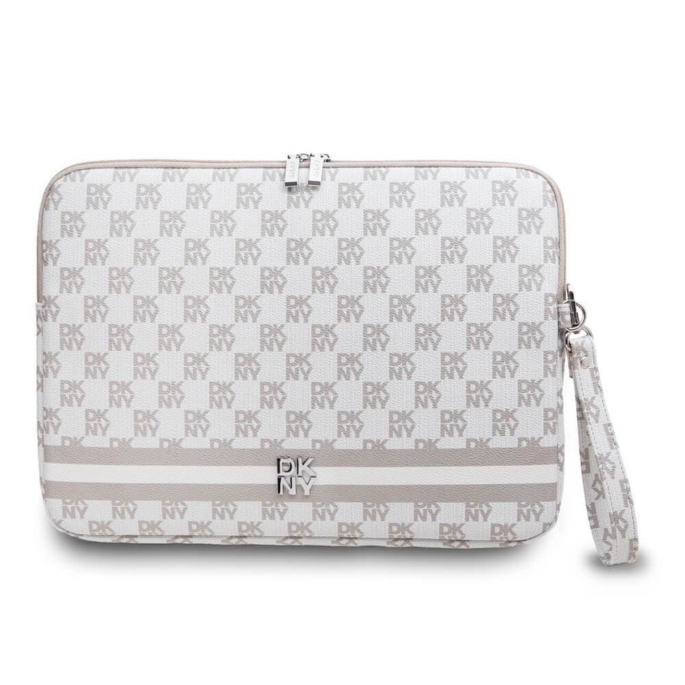 Дизайнерски кожен калъф за MacBook Air 13, MacBook Pro 13, MacBook Pro 14 и лаптопи до 14 инча - DKNY PU Leather Checkered Pattern and Stripe Laptop Sleeve (бежов)