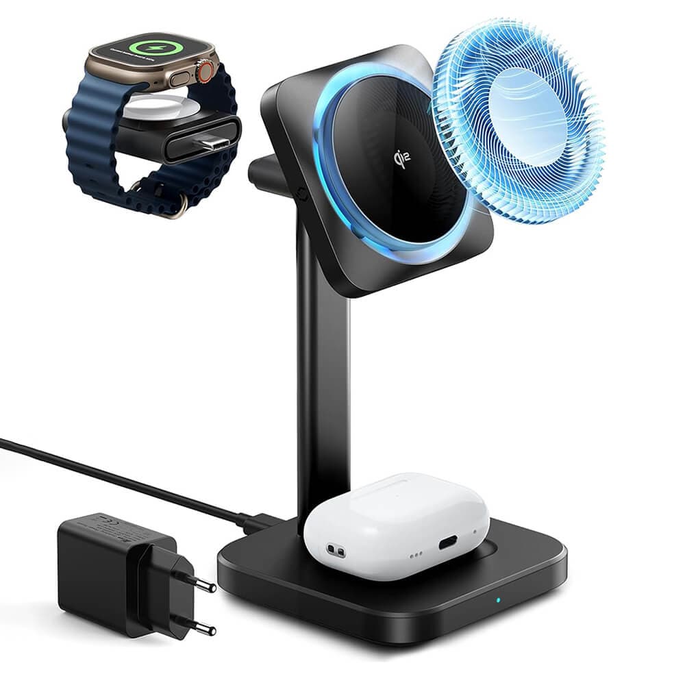 Тройна поставка (пад) за безжично зареждане за iPhone с Magsafe, Apple Watch, AirPods Pro и Qi съвместими устройства - ESR CryoBoost 3-in-1 Magnetic MagSafe Wireless Charger (черен)