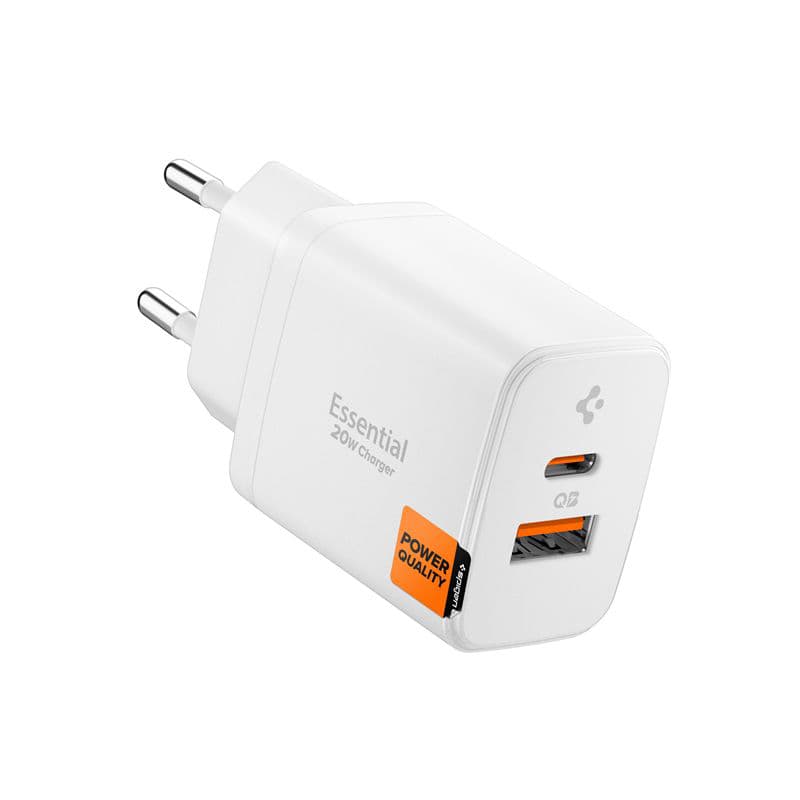 Захранване за ел. мрежа с USB-A и USB-C изходи и технология за бързо зареждане - Spigen Essential 20W Wall Charger EE202EU (бял)