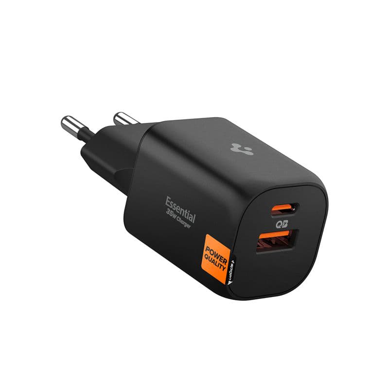 Захранване за ел. мрежа с USB-A и USB-C изходи и технология за бързо зареждане - Spigen Essential 35W Wall Charger EE352EU (черен)