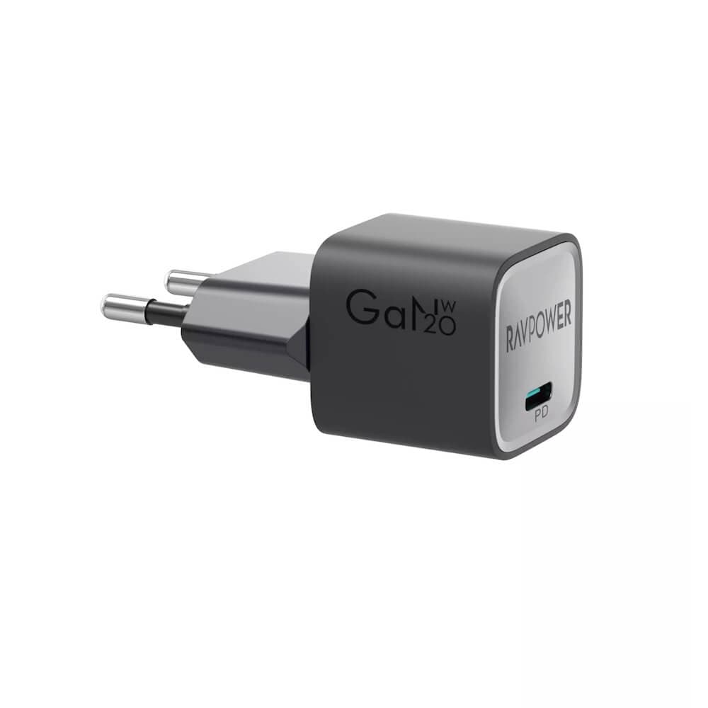 Захранване за ел. мрежа с USB-C изход с технология за бързо зареждане - RavPower RP-PC1055 USB-C GaN PD Fast Wall Charger 20W (черен)