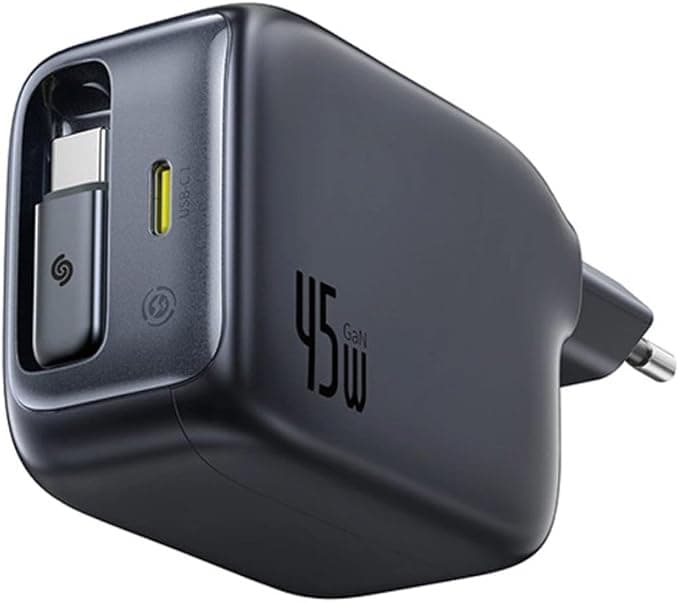 Захранване за ел. мрежа с вграден USB-C кабел и USB-C изход с технология за бързо зареждане - Baseus EnerCore CJ11 Fast Wall Charger with USB-C Port and Retractable USB-C Cable 45W (черен)
