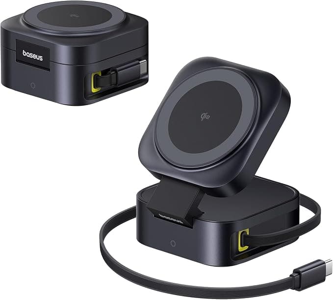 Настолна поставка за безжично зареждане за iPhone с MagSafe и вграден USB-C кабел - Baseus PicoGo 2-in-1 Qi2 Magnetic Wireless Charger 67W (черен)