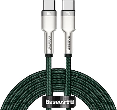 Здрав кабел с въжена оплетка за устройства с USB-C порт - Baseus Cafule Metal Series USB-C to USB-C Cable 100W (CATJK-D06) (зелен) (200 см)
