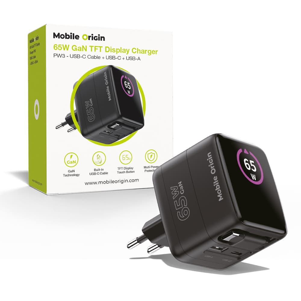 Захранване за ел. мрежа с USB-A и USB-C изходи и вграден USB-C кабел - Mobile Origin PW3 GaN TFT Display Wall Charger 65W (черен)