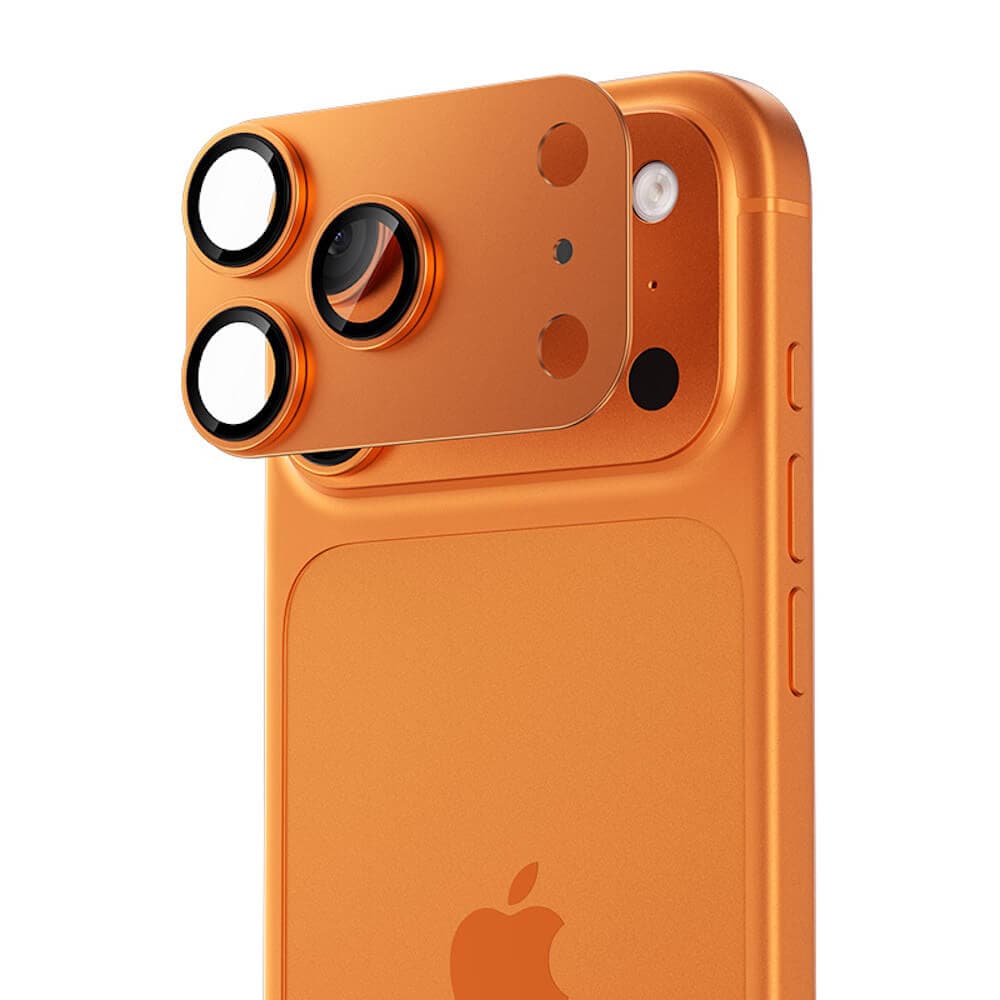 Предпазни стъклени лещи с цяла метална плочка за камерата на iPhone 17 Pro - Benks Glass Warrior Metal Lens Protector Tempered Glass (оранжев)