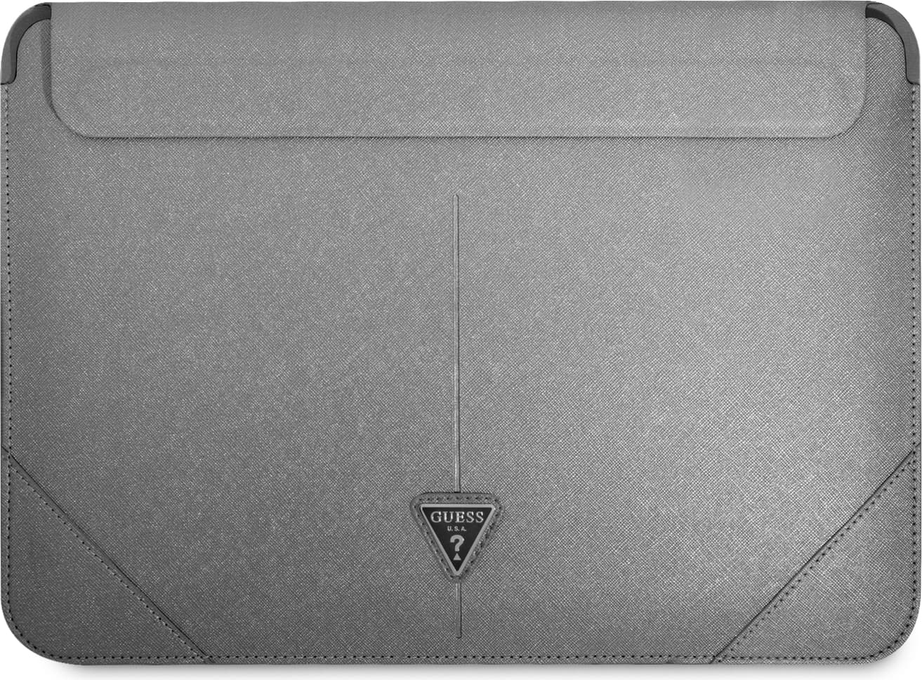 Дизайнерски луксозен кожен калъф за MacBook Air 13, MacBook Pro 13, MacBook Pro 14 и лаптопи до 14 инча - Guess Saffiano Triangle Metal Logo Notebook Sleeve (сребрист)