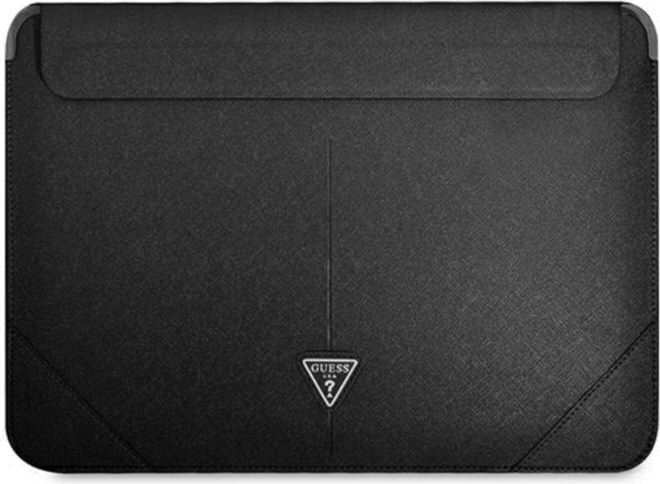 Дизайнерски луксозен кожен калъф за MacBook Air 13, MacBook Pro 13, MacBook Pro 14 и лаптопи до 14 инча - Guess Saffiano Triangle Metal Logo Notebook Sleeve (черен)