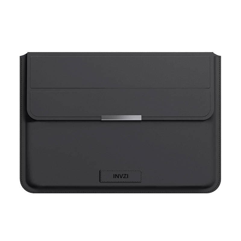 Кожен кейс с поставка за MacBook Pro 16 M2 (2023), MacBook Pro 16 M1 (2021), MacBook Air 15 M2 (2023) - INVZI Vegan Leather Sleeve With Stand Function (черен)