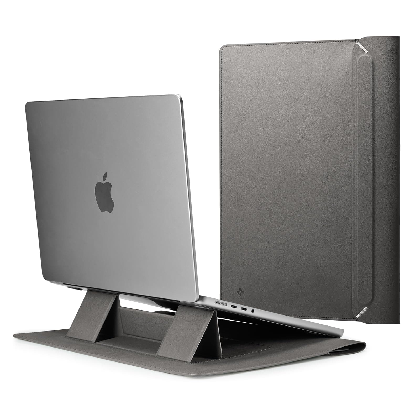 Кожен калъф с поставка за MacBook Air 13, MacBook Pro 13, MacBook Pro 14 и лаптопи до 14 инча - Spigen Valentinus S Laptop Sleeve 14 (сив)