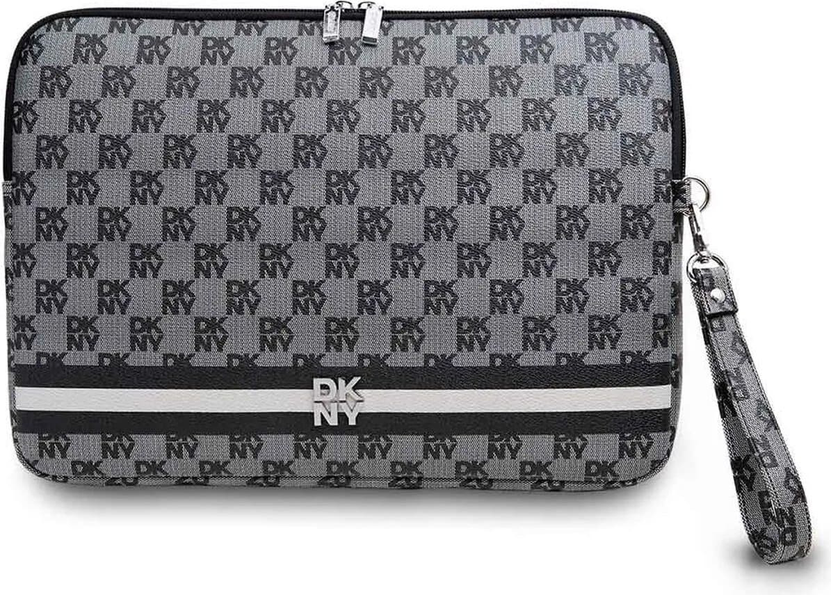 Дизайнерски кожен калъф за MacBook Air 13, MacBook Pro 13, MacBook Pro 14 и лаптопи до 14 инча - DKNY PU Leather Checkered Pattern and Stripe Laptop Sleeve (черен)