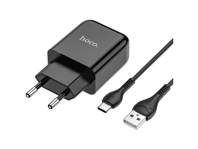 Захранване за ел. мрежа 2.1A с USB изход и USB-C кабел - Hoco N2 Wall Charger and USB-C Cable (черен)