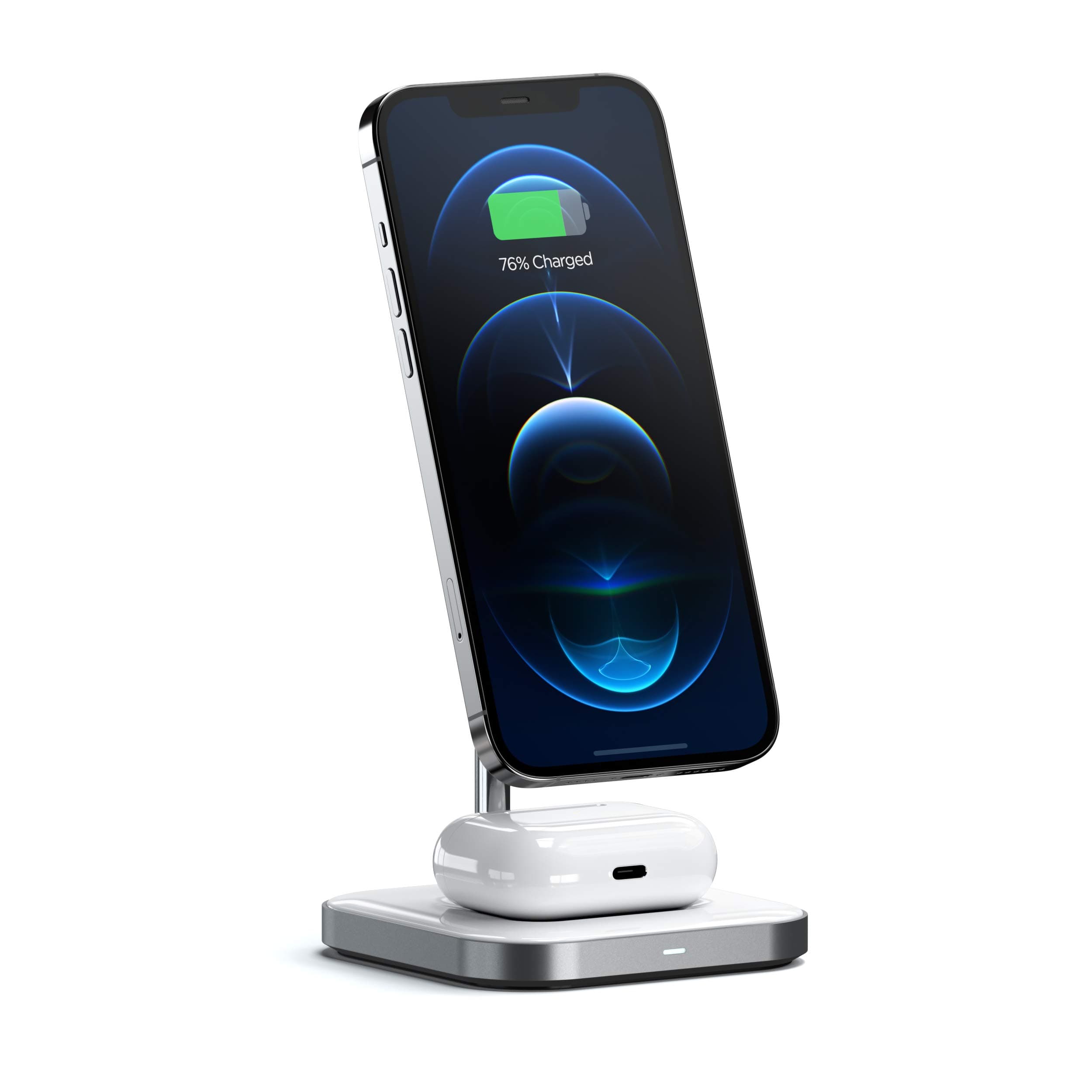 Поставка Satechi Aluminum 2-in-1 Magnetic Wireless Charging Stand, с безжично зареждане, за Apple iPhone с MagSafe / Apple Airpods Pro, бяла