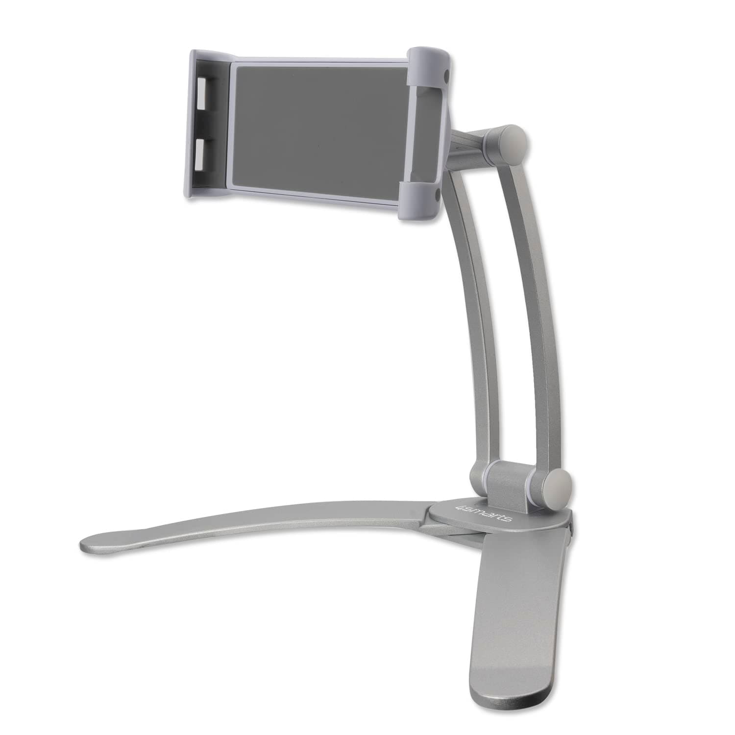 Поставка 4smarts Wall Mount with Desk Stand Function ErgoFix H7, за бюро, алуминиева, възможност за закачане на стена, за устройства с размери от 4.7" до 12.9", сребриста