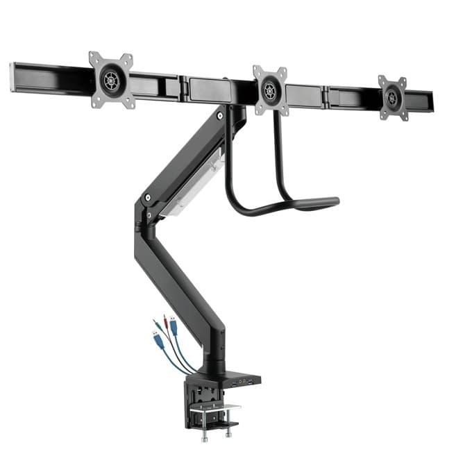 Стойка за монитор SBOX GMS-3203, за плот, за екрани до 27", VESA до 100x100, до 6кг. на рамо, регулируема, за 3 бр. монитора, 2x USB 3.0, черна