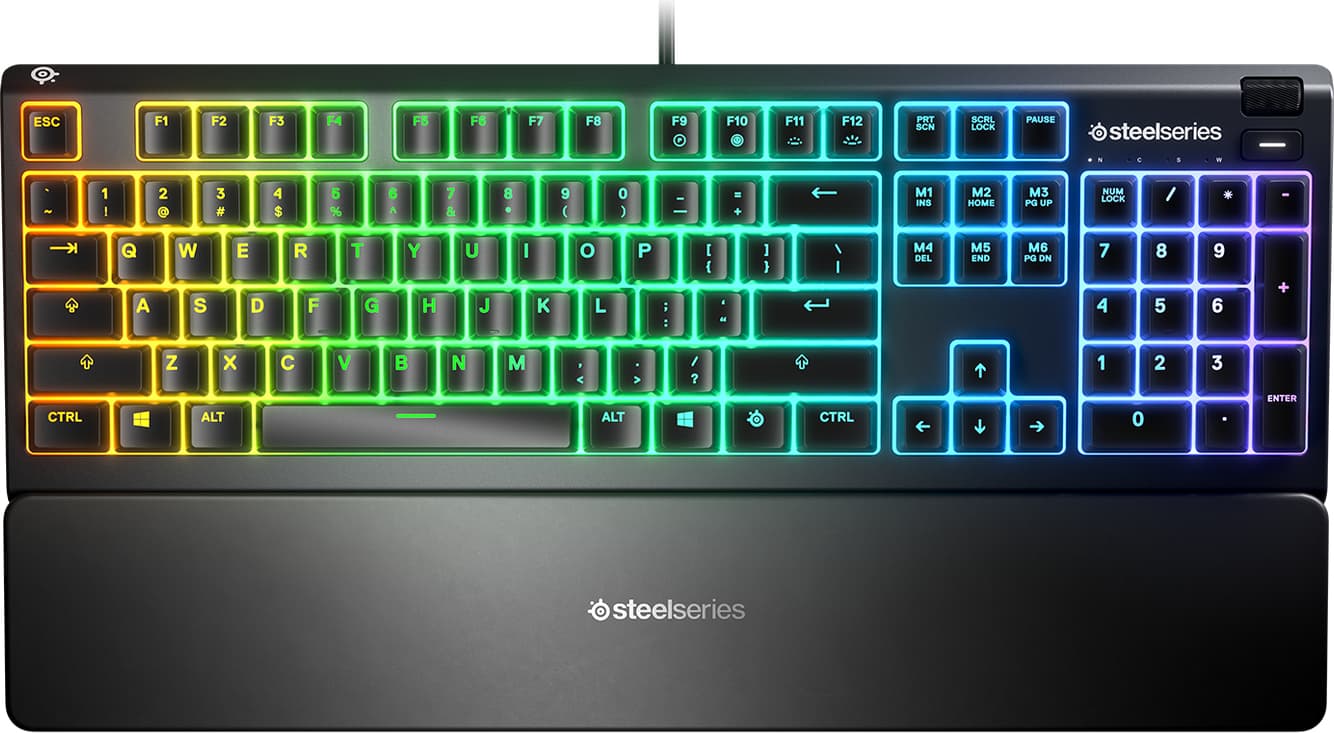 Клавиатура SteelSeries Apex 3, гейминг, 10-zone RGB подсветка, магнитна подложка, IP32 водоустойчива, черна, USB