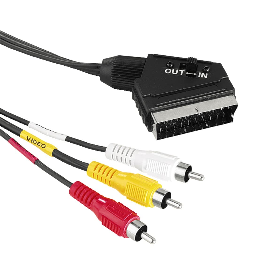 Видео кабел HAMA 43178, Scart(м) към 3x RCA Chinch(м), 1.5м, черен, превключвател за IN/OUT