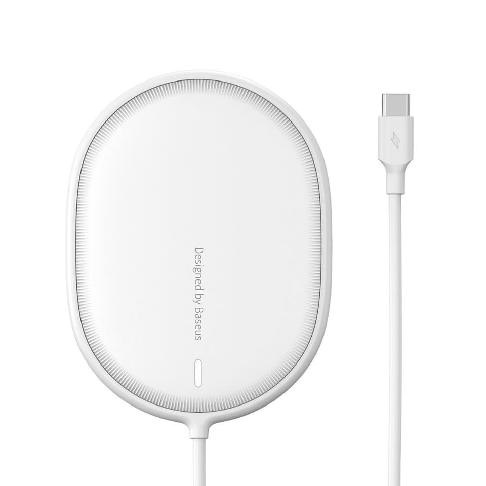 Безжично зарядно Baseus Ultra-Light Magnetic Wireless Charger, от USB C(м) към безжично зареждане, 15W, бяла