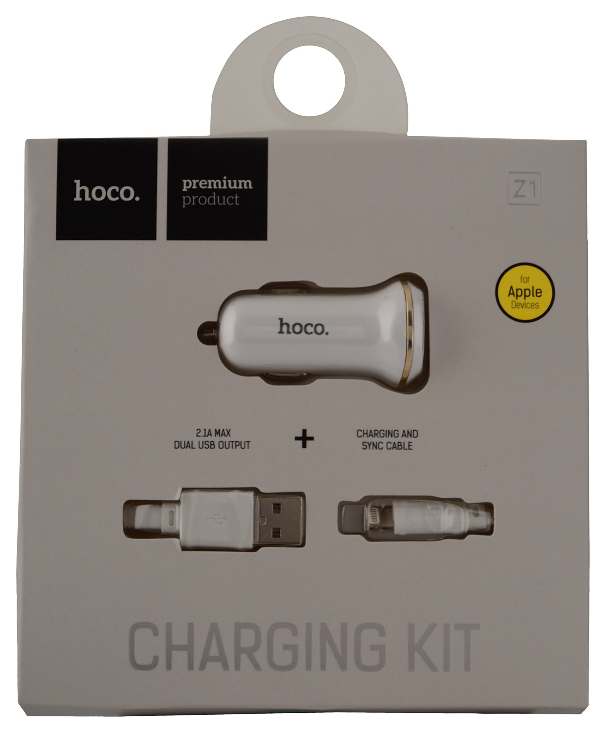 Зарядно за кола Hoco Dual USB Car Charger 4.8A & Lightning Cable Z1, от автомобилна запалка към 2x USB-A(ж), 5V/2.1A, бяло