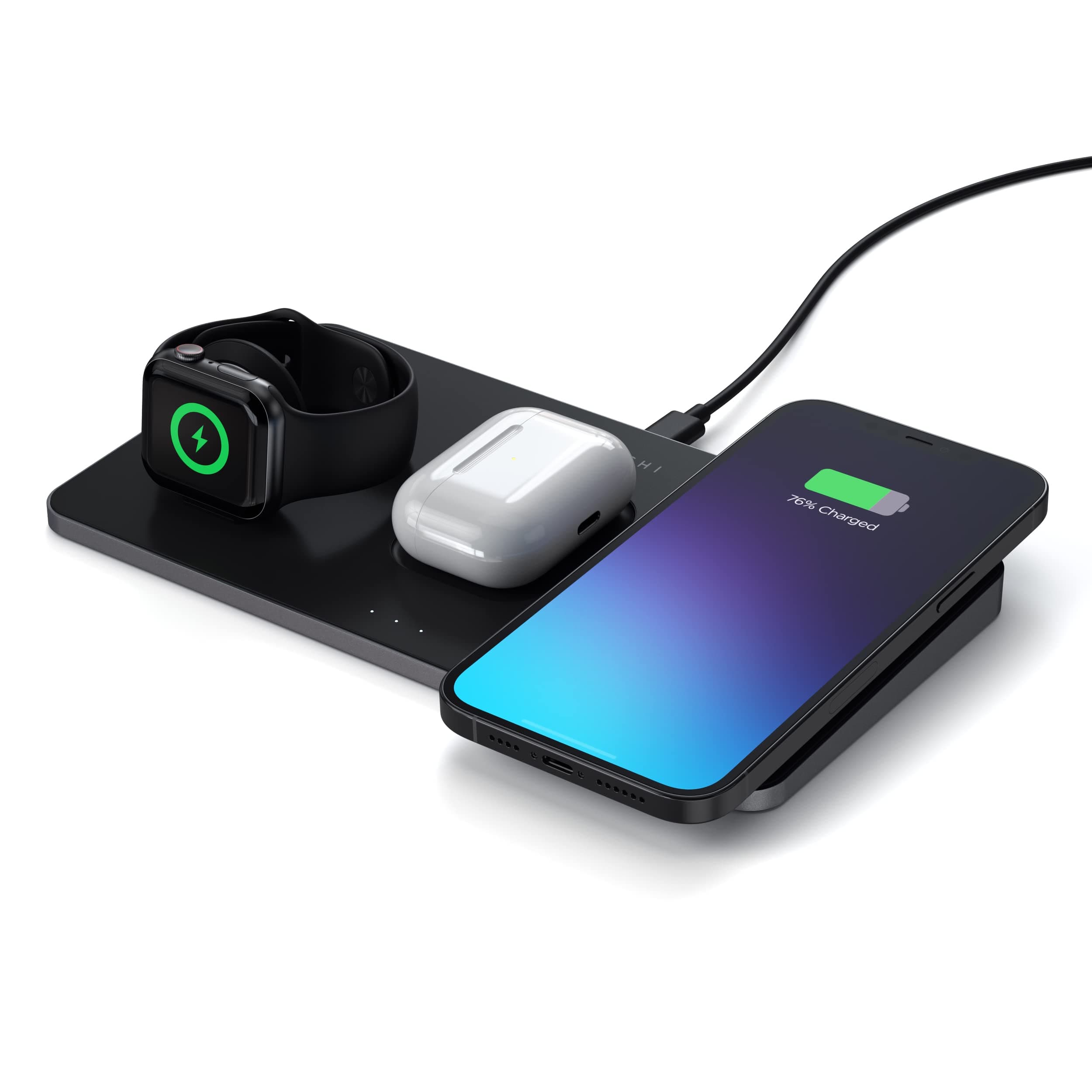 Безжично зарядно Satechi Trio Wireless Charging Pad, от USB-C(ж), към безжично зараждане, 14V/7A/7.5W, черна