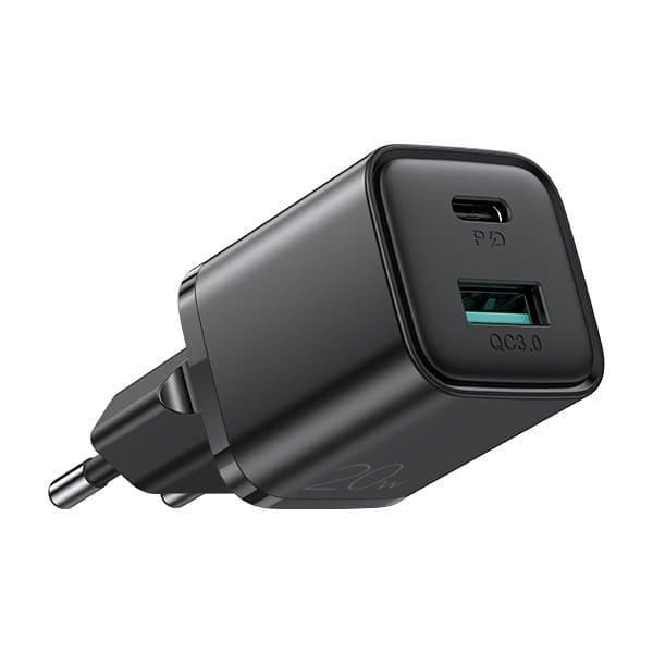 Зарядно устройство Joyroom Mini Fast Charger (L-QP207), от контакт към USB C(ж)/USB A(ж), черно