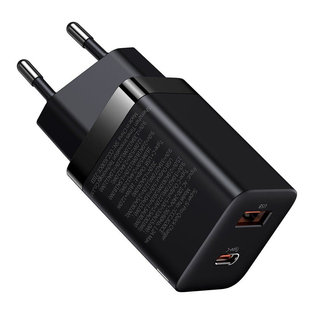 Зарядно устройство Baseus Super Si Pro (CCSUPP-E01), от контакт към USB A(ж)/USB C(ж), 12V/2.5A, черно, 30W