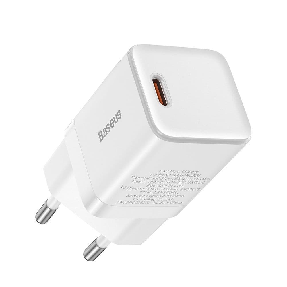 Зарядно устройство Baseus GaN 3 Fast Charger 1C (CCGN010102), от контакт към USB-C(ж), 30W, бяло