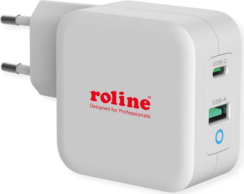 Зарядно устройство Roline 19.11.1041, от контакт към 1x USB C(ж)/1x USB A(ж), 12V/1.5A, 65W, бяло