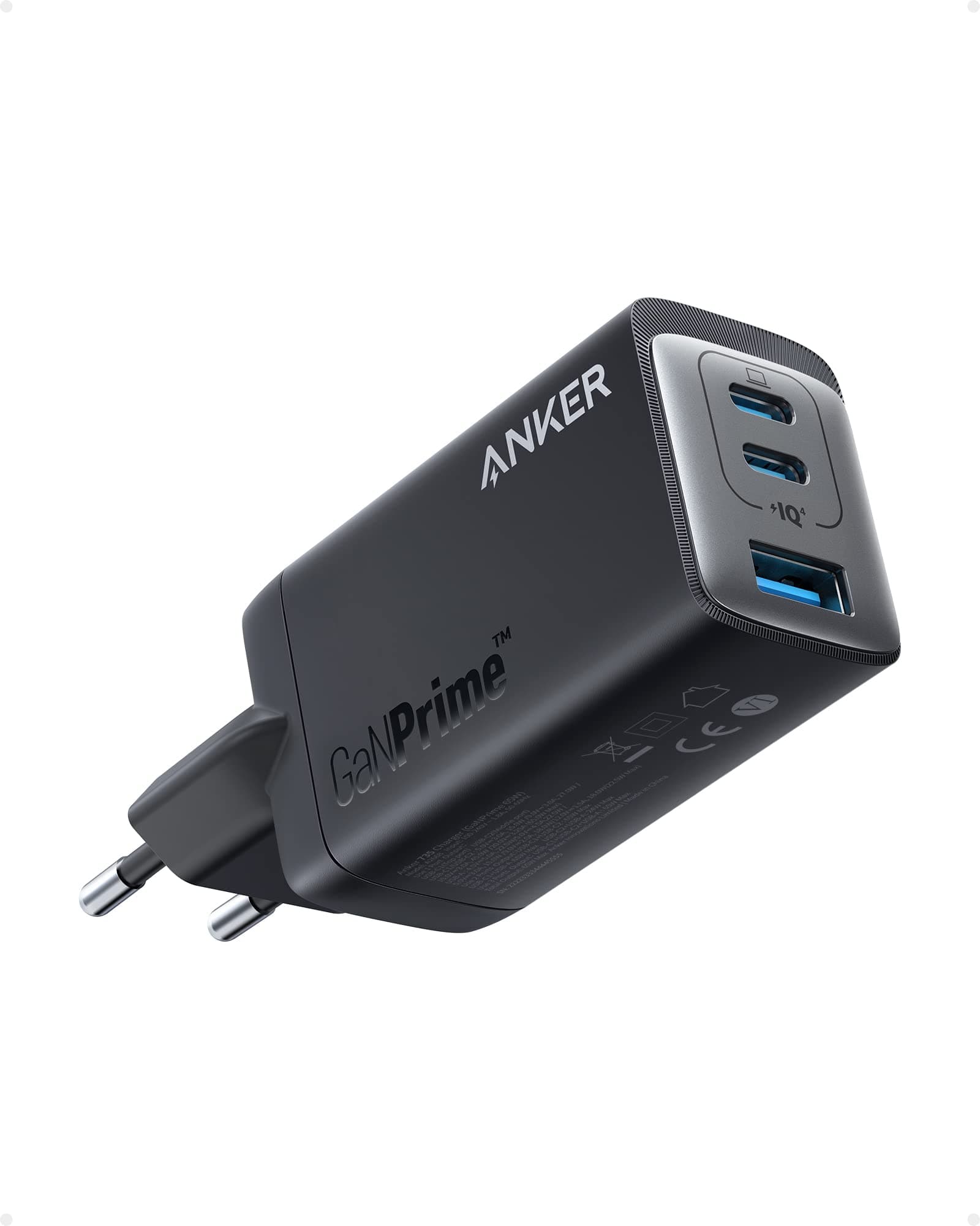 Зарядно устройство Anker 735 GaN Prime III, от контакт към 1x USB-A(ж)/2x USB-C(ж), 65W, 12.0V/1.5A, поддържа Quick Charge 4.0+, черно