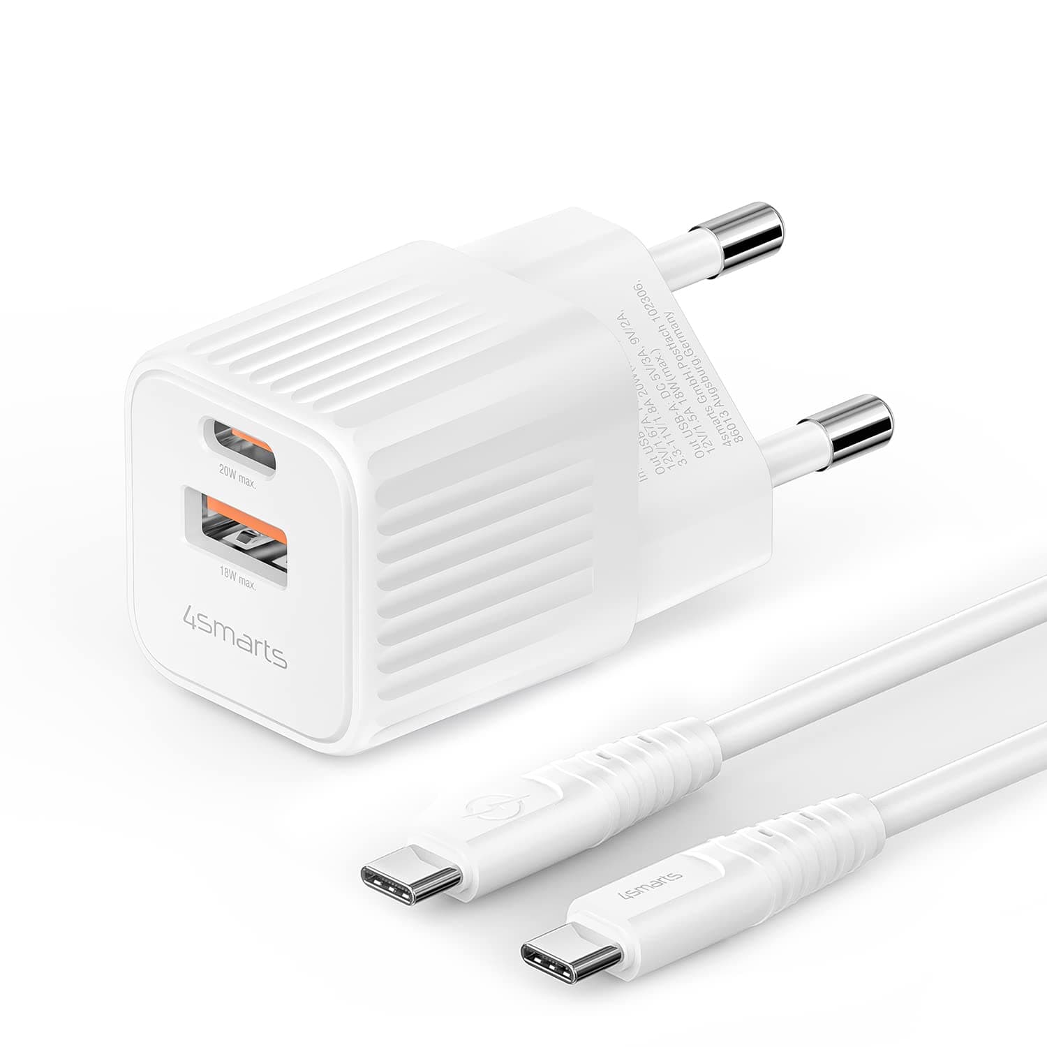 Зарядно устройство 4Smarts VoltPlug Duos Mini White (540122), от контакт към 1x USB-A(ж)/1x USB-C(ж), 12V/1.67A, 20W, бяло, с USB-C към USB-C кабел